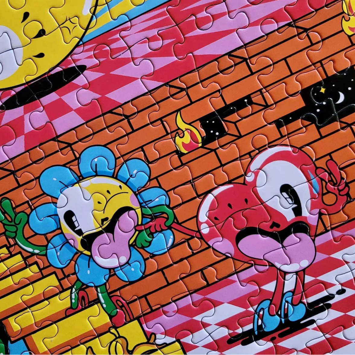Colorful puzzle with cartoon characters on a checkered floor and brick wall background