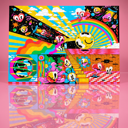 Colorful abstract design puzzle with cartoon characters and geometric shapes on a pink background