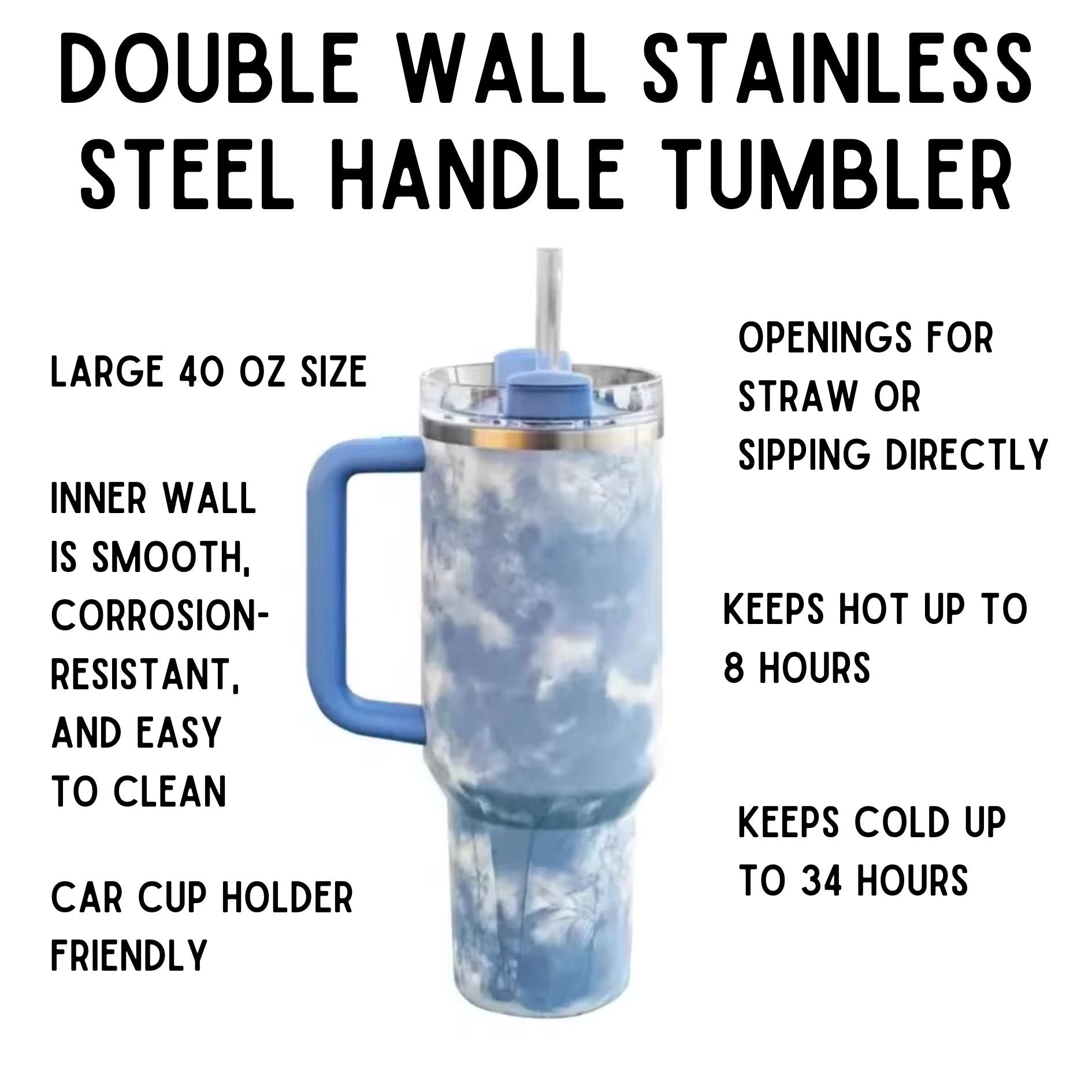 Dreamy Clouds 40 oz Stainless Steel Insulated Handle Tumbler | XL Size with Straw