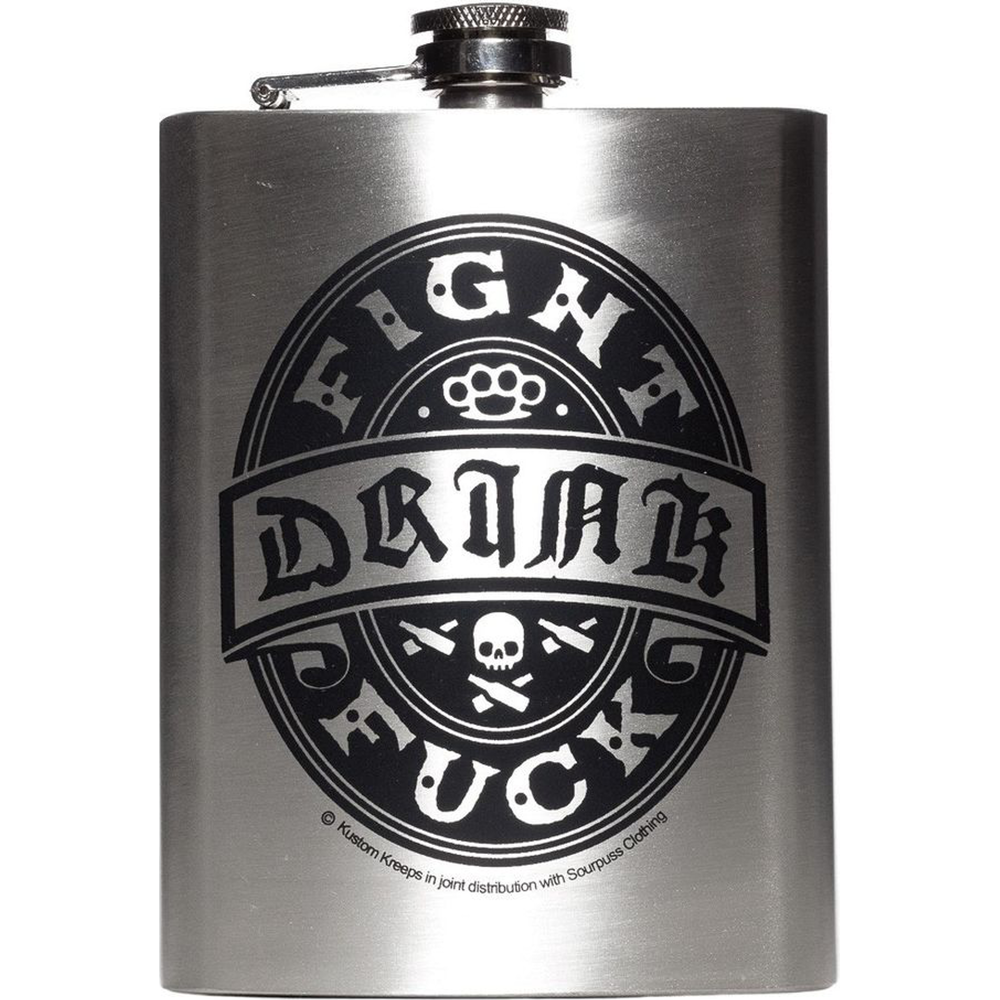 Drink Fight Fuck Stainless Steel Hip Flask | Sourpuss Brand Rockabilly Barware | Punk Gift