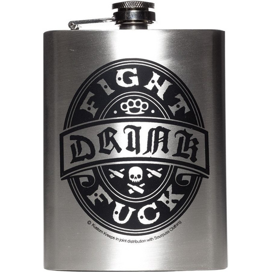 Drink Fight Fuck Stainless Steel Hip Flask | Sourpuss Brand Rockabilly Barware | Punk Gift