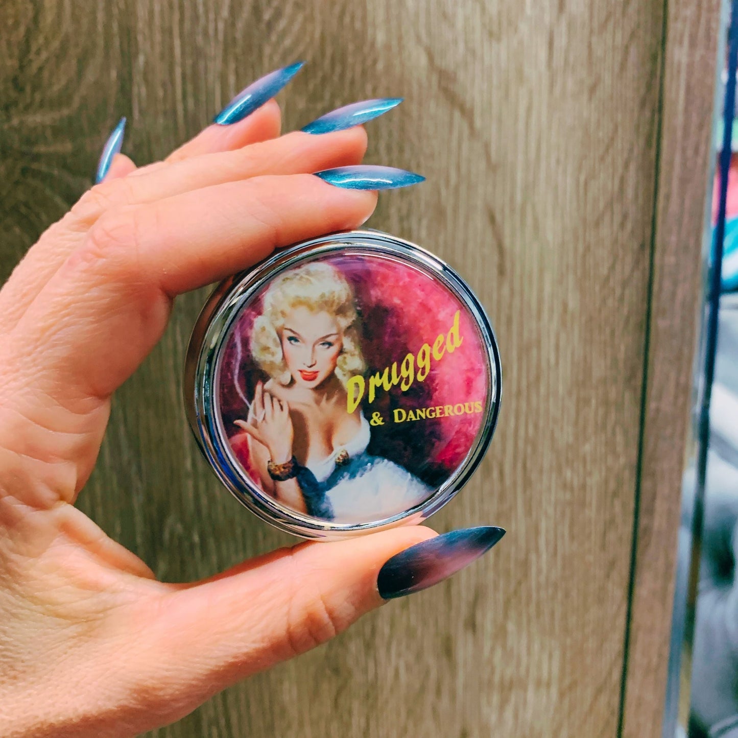 Drugged and Dangerous Pill Box | Handmade 2.25" Round Pill Case | Retro Pinup Art