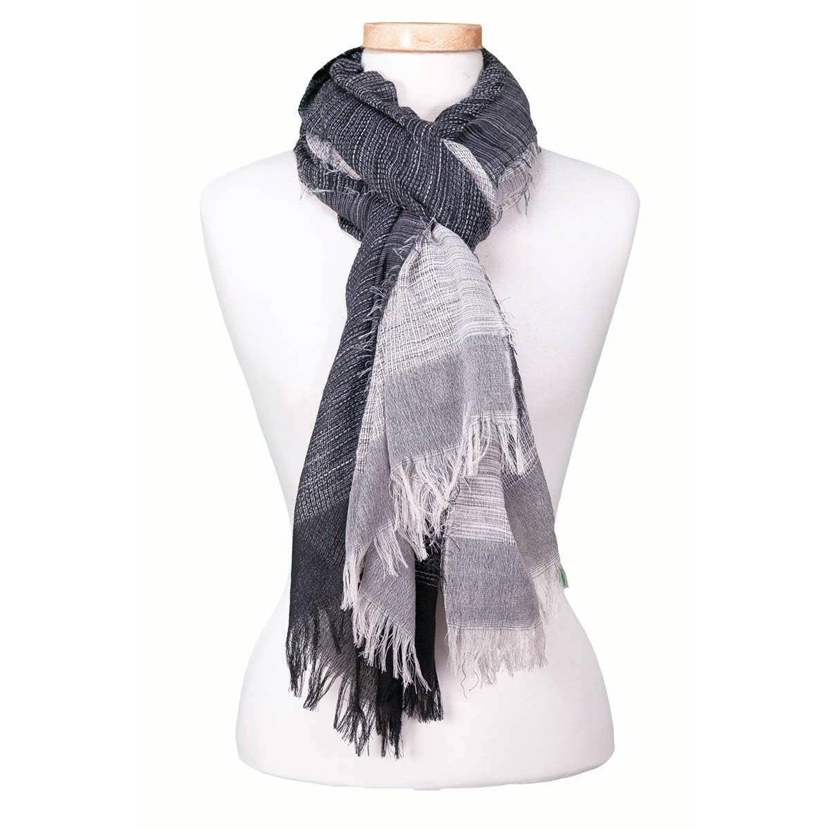 Duple Color Blue Green Stripe Fringe Scarf | Two Toned Midweight Boho Long Scarf | 38” x 70”