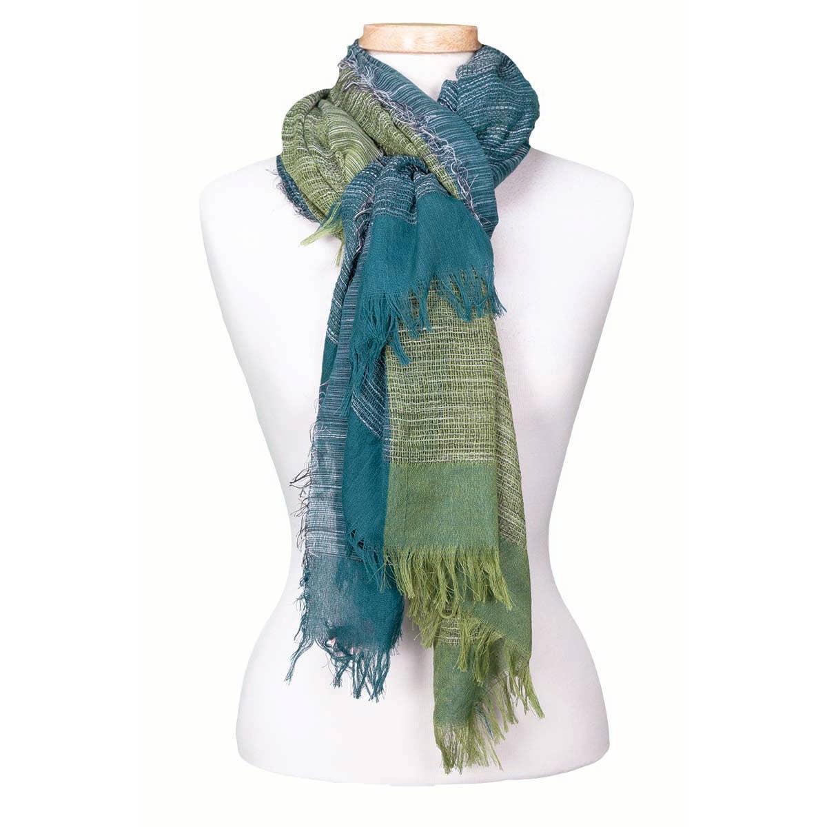 Duple Color Blue Green Stripe Fringe Scarf | Two Toned Midweight Boho Long Scarf | 38” x 70”