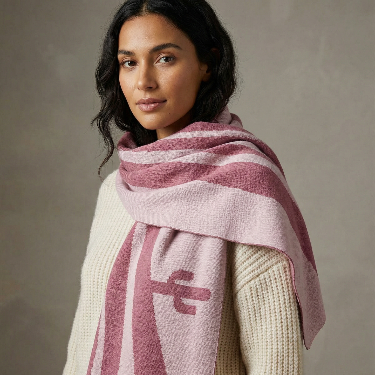 Dust Rose Desert Cactus Scarf | Retro Intarsia Knit Scarf