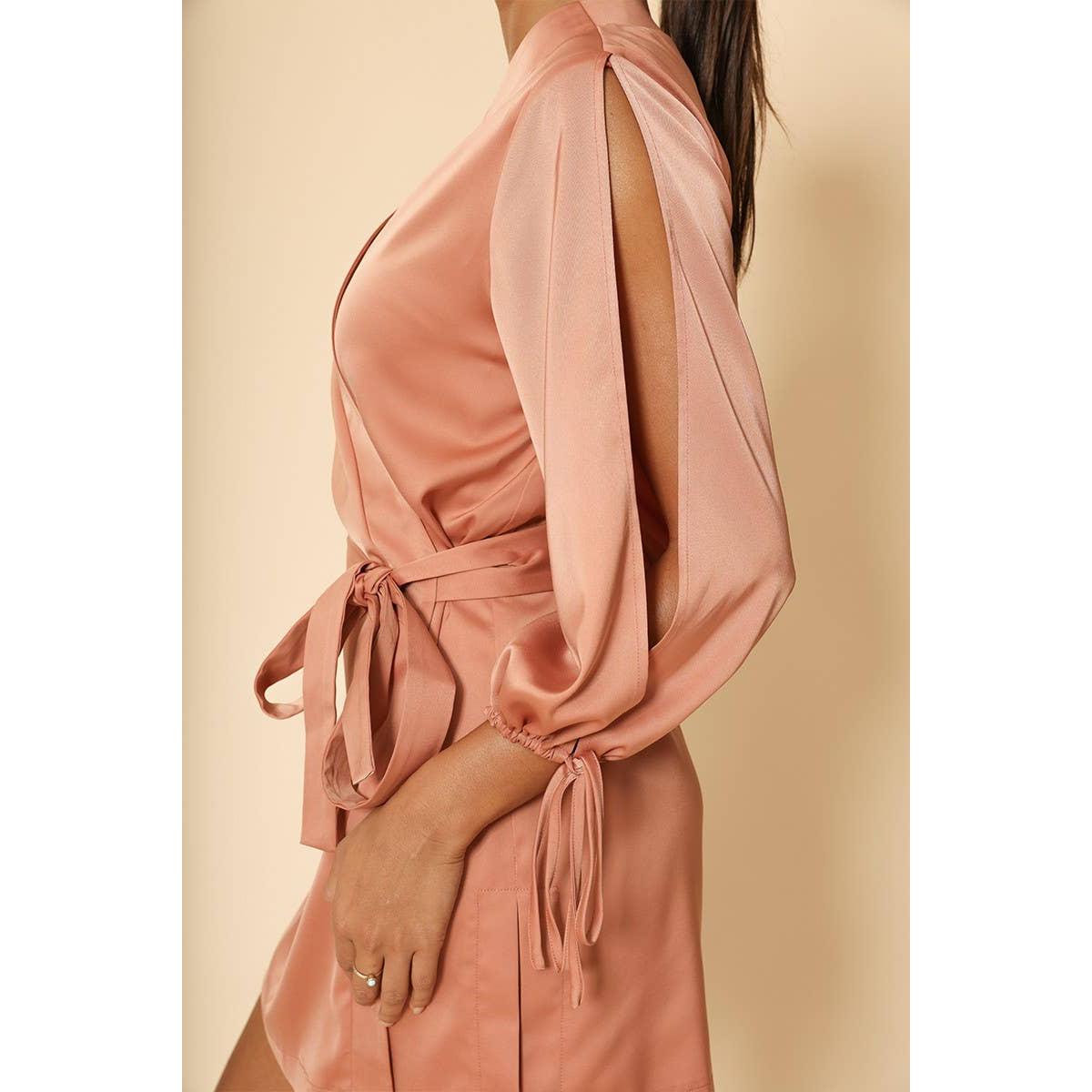 Dusty Rust Satin Wrap Robe with Embroidered Back Detail & Slit Sleeves [SM-XL]