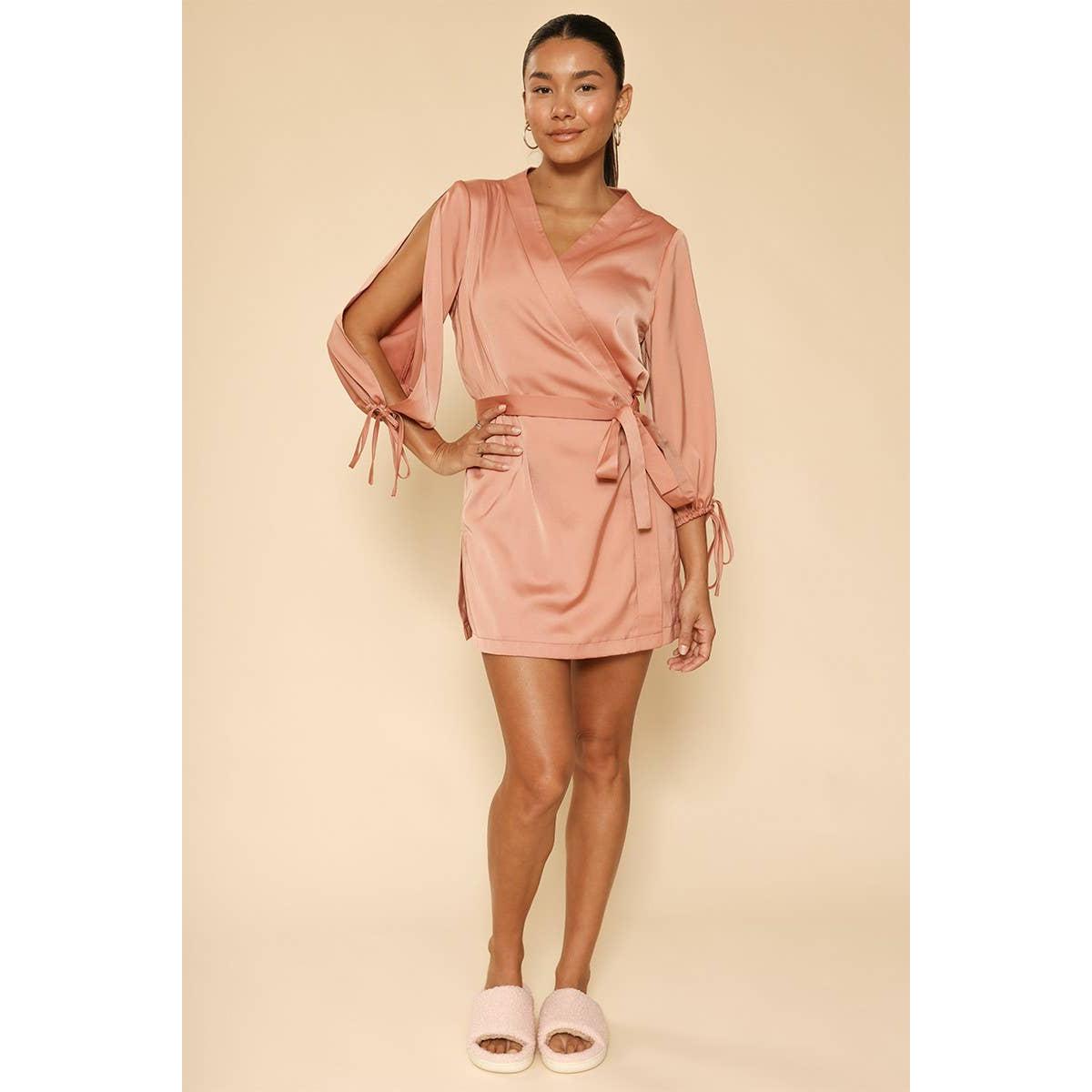 Dusty Rust Satin Wrap Robe with Embroidered Back Detail & Slit Sleeves [SM-XL]