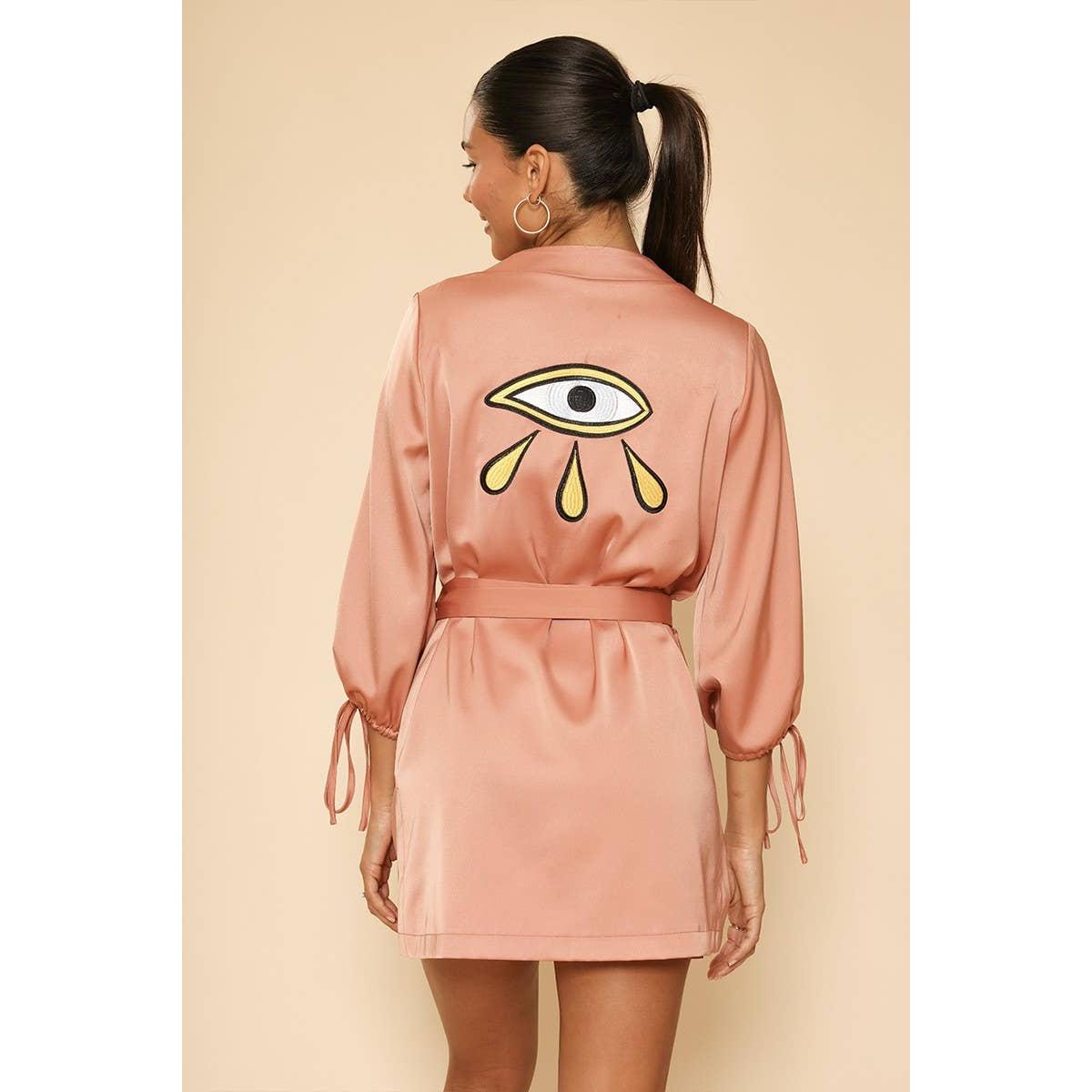 Dusty Rust Satin Wrap Robe with Embroidered Back Detail & Slit Sleeves [SM-XL]