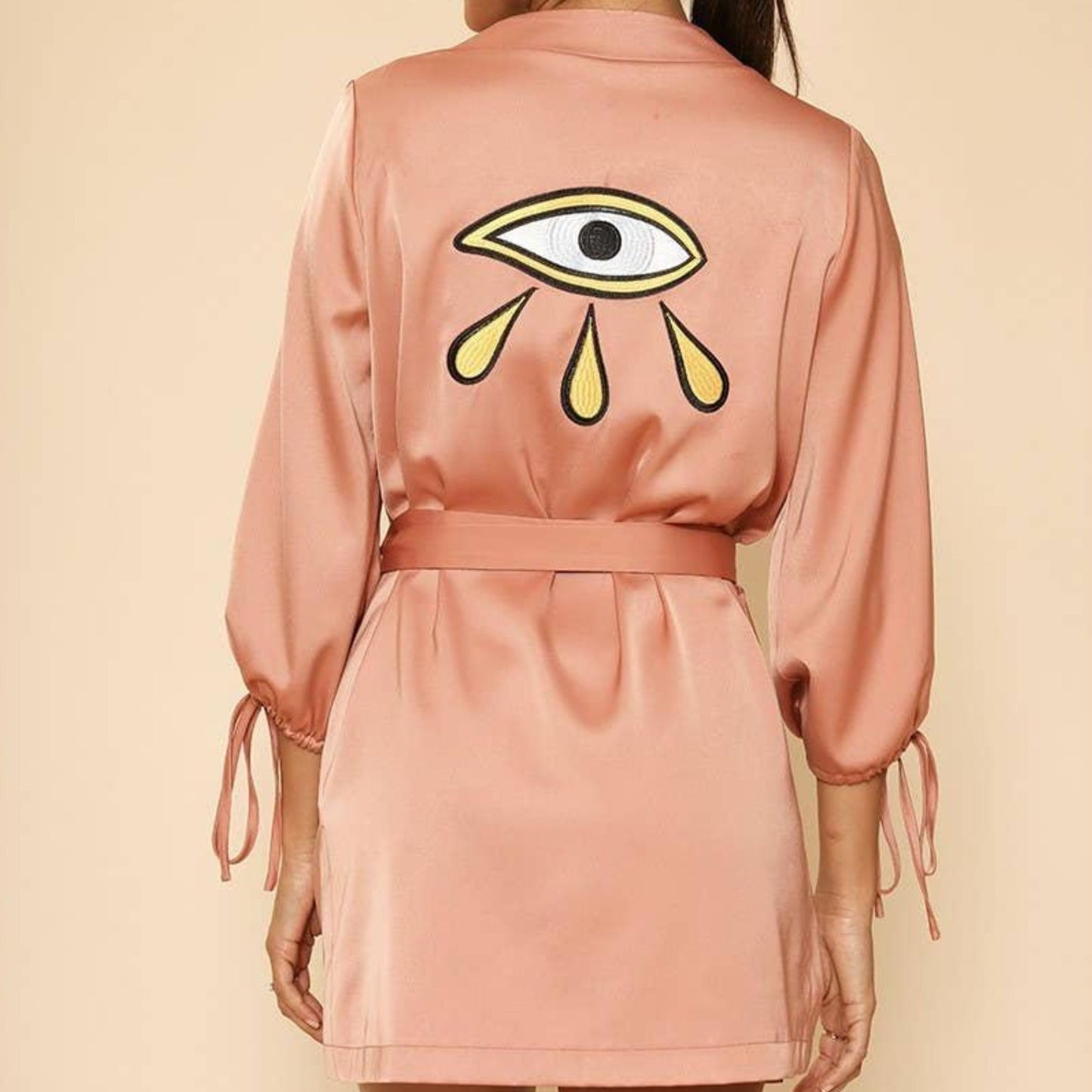 Dusty Rust Satin Wrap Robe with Embroidered Back Detail & Slit Sleeves [SM-XL]