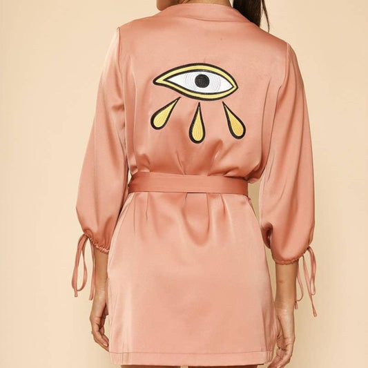 Dusty Rust Satin Wrap Robe with Embroidered Back Detail & Slit Sleeves [SM-XL]