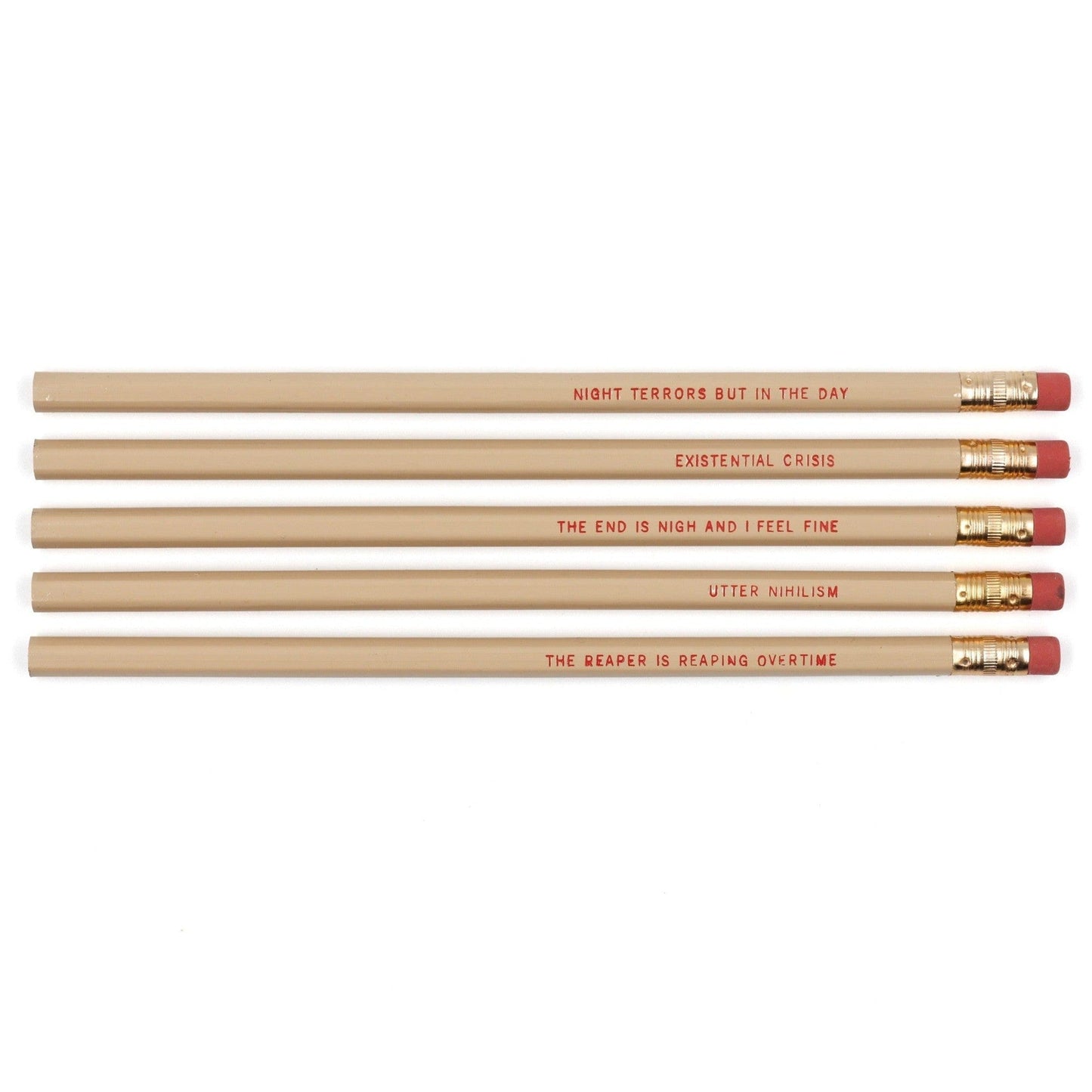 EXISTENTIAL CRISIS Pencil Set | 5 Cedar Pencils | Cream with Blood-Red Foil Stamping