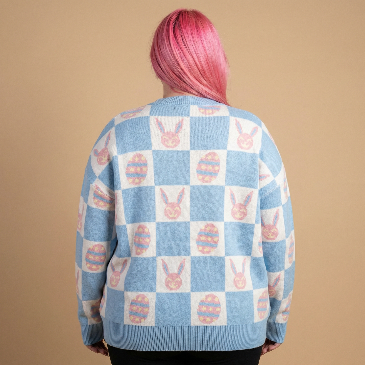 Easter Bunny Check Cardigan | Blue Bunny & Egg Knit Cardigan | Button Front Easter Sweater