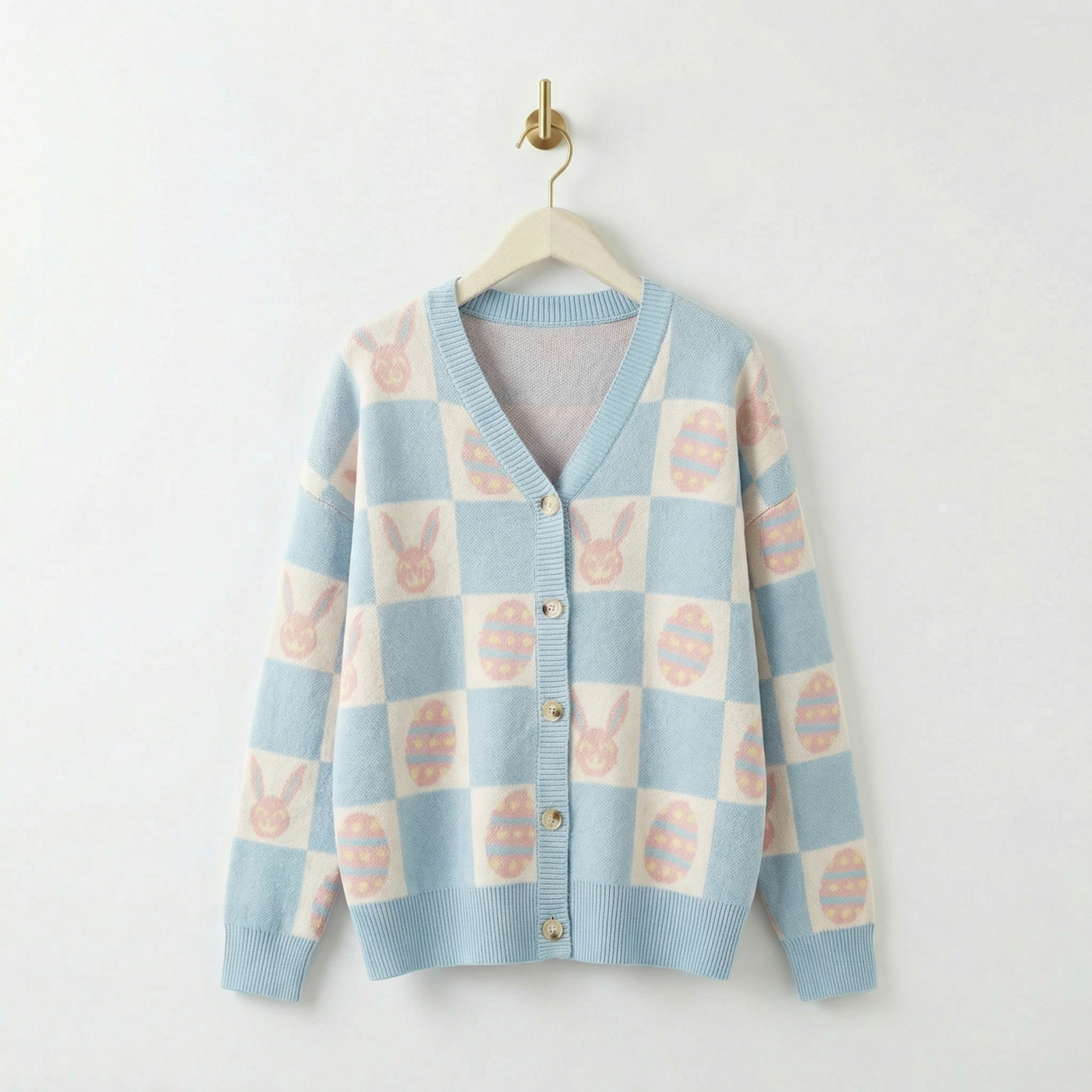Easter Bunny Check Cardigan | Blue Bunny & Egg Knit Cardigan | Button Front Easter Sweater