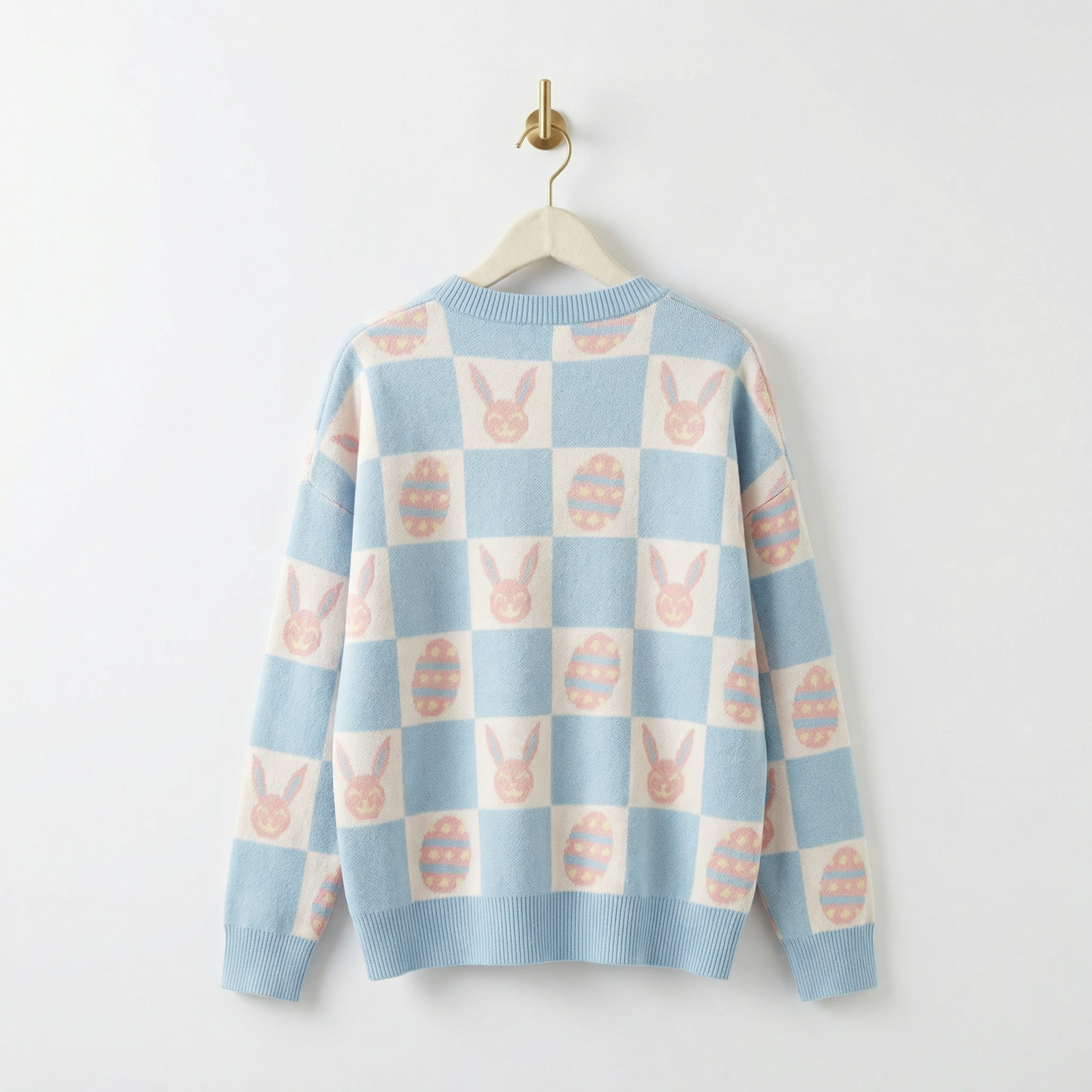 Easter Bunny Check Cardigan | Blue Bunny & Egg Knit Cardigan | Button Front Easter Sweater