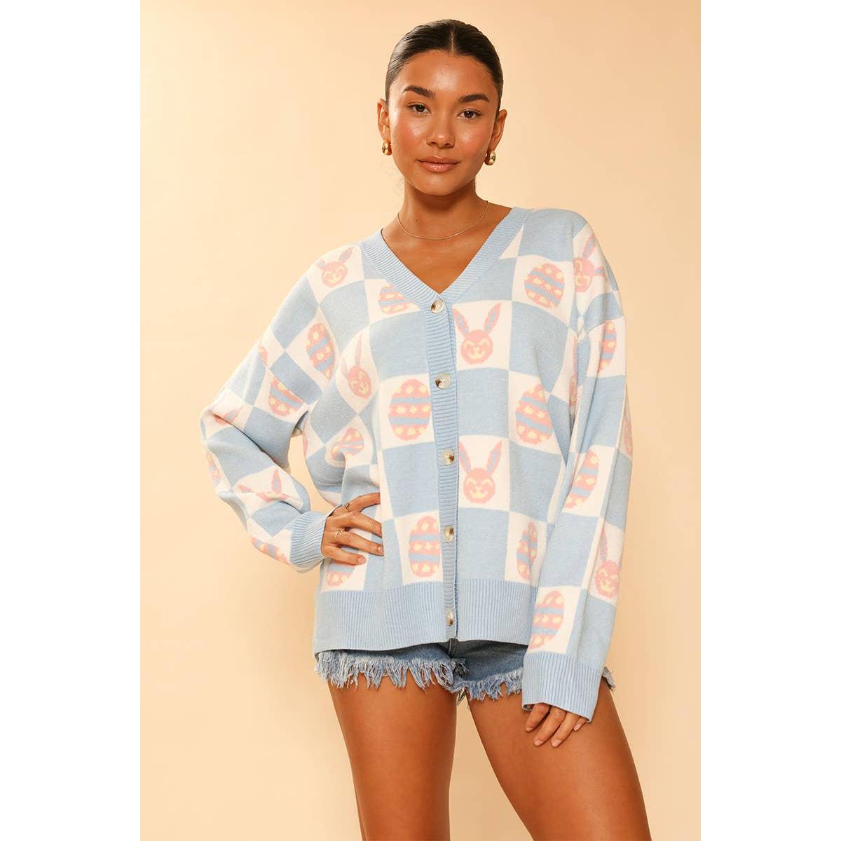 Easter Bunny Check Cardigan | Blue Bunny & Egg Knit Cardigan | Button Front Easter Sweater