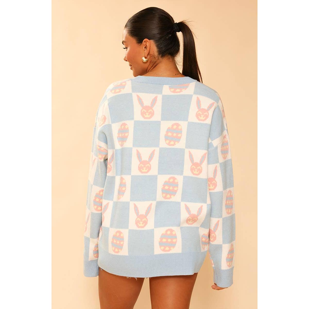 Easter Bunny Check Cardigan | Blue Bunny & Egg Knit Cardigan | Button Front Easter Sweater
