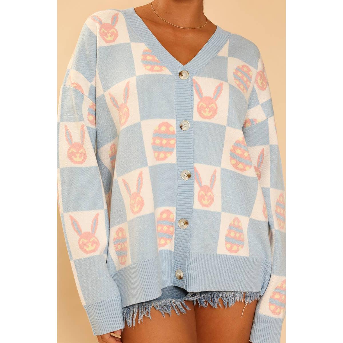 Easter Bunny Check Cardigan | Blue Bunny & Egg Knit Cardigan | Button Front Easter Sweater