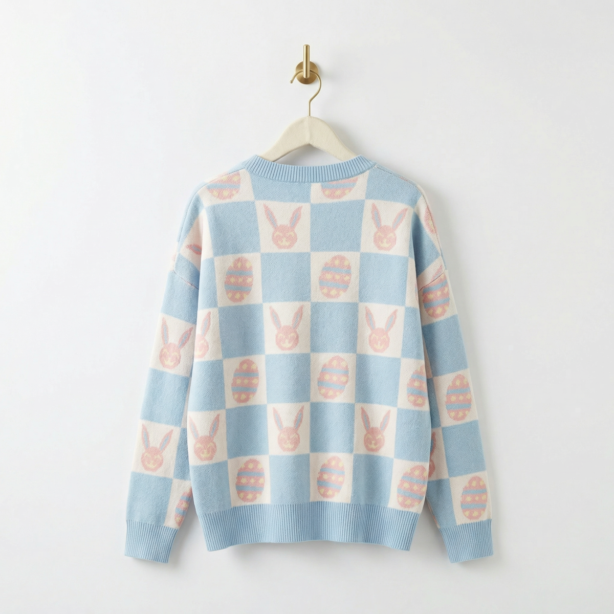 Easter Bunny Check Cardigan | Blue Bunny & Egg Knit Cardigan | Button Front Easter Sweater