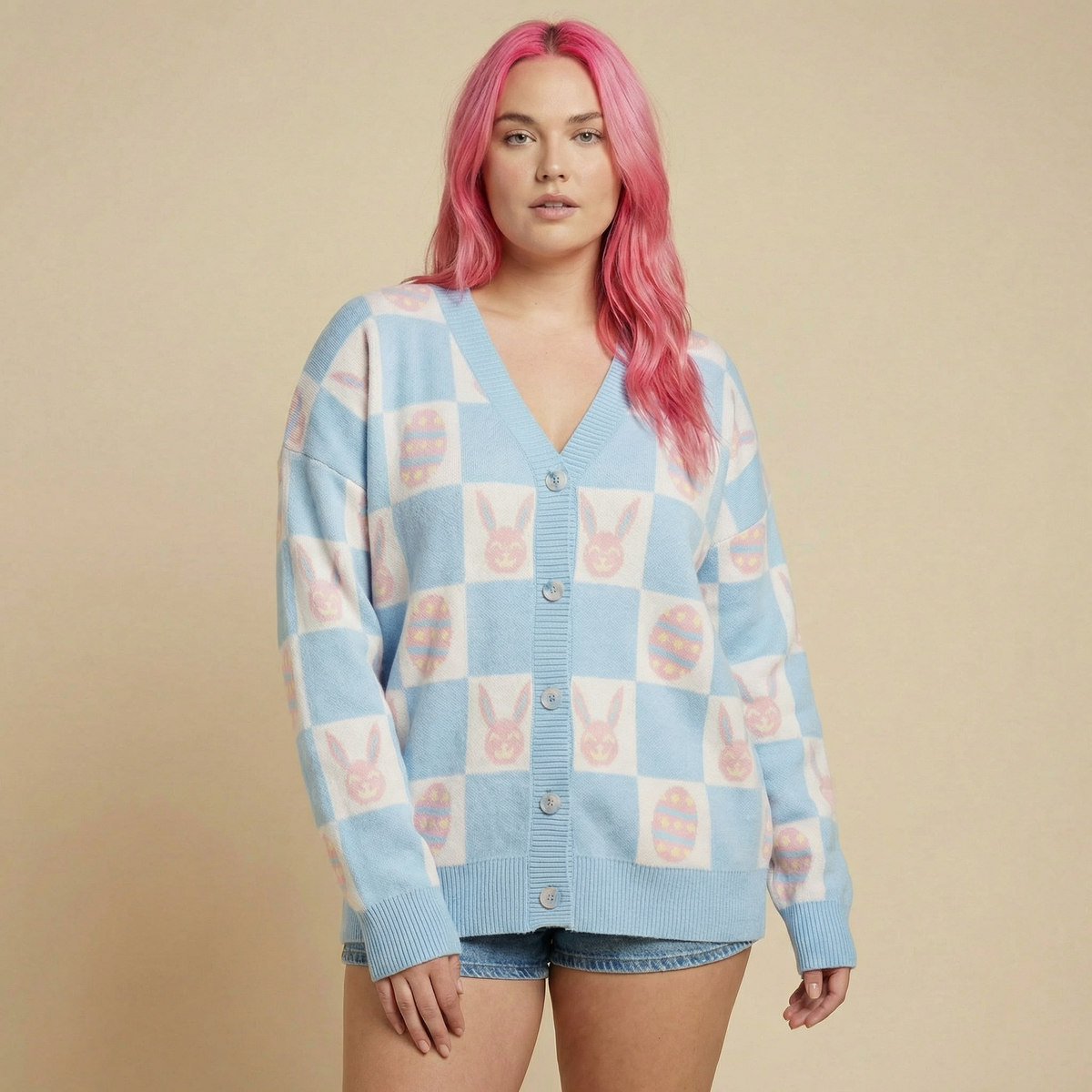 Easter Bunny Check Cardigan | Blue Bunny & Egg Knit Cardigan | Button Front Easter Sweater