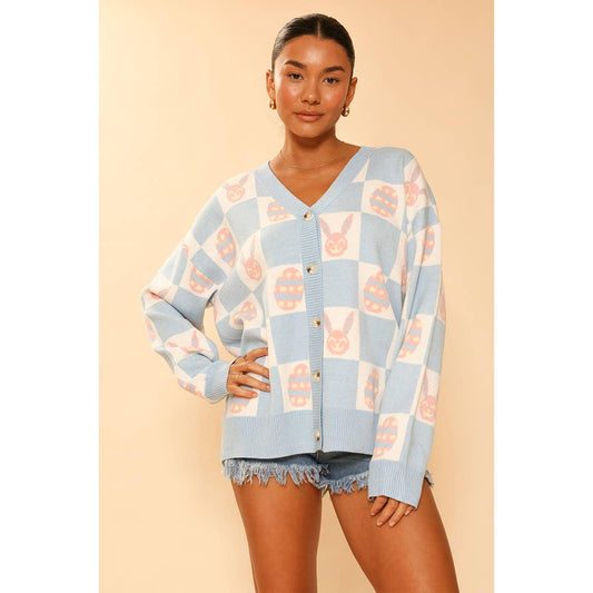 Easter Bunny Check Cardigan | Blue Bunny & Egg Knit Cardigan | Button Front Easter Sweater