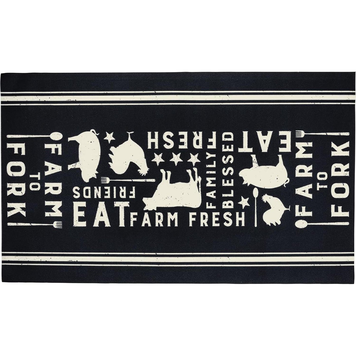 Eat Fresh Farm to Fork Decorative Polyester Rug 34" x 20" | Black Indoor Kitchen Floor Mat