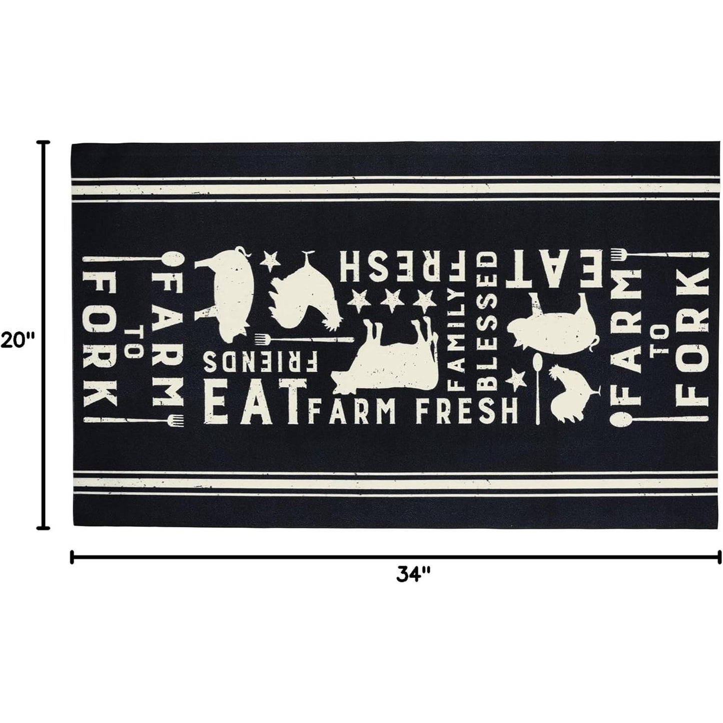Eat Fresh Farm to Fork Decorative Polyester Rug 34" x 20" | Black Indoor Kitchen Floor Mat