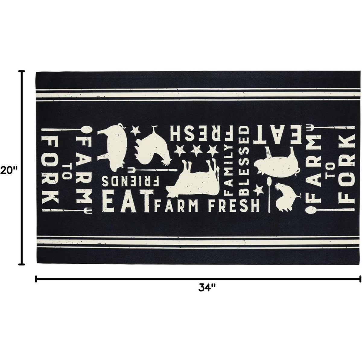 Eat Fresh Farm to Fork Decorative Polyester Rug 34" x 20" | Black Indoor Kitchen Floor Mat