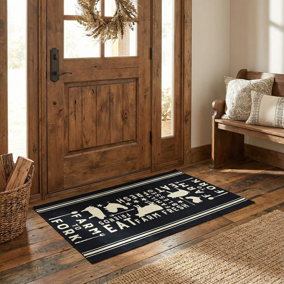 Eat Fresh Farm to Fork Decorative Polyester Rug 34" x 20" | Black Indoor Kitchen Floor Mat