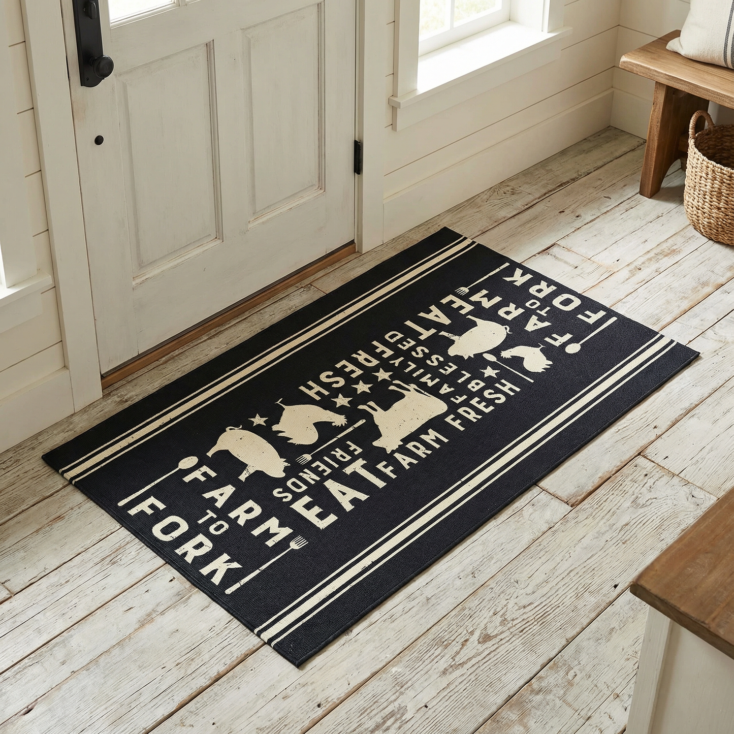 Eat Fresh Farm to Fork Decorative Polyester Rug 34" x 20" | Black Indoor Kitchen Floor Mat