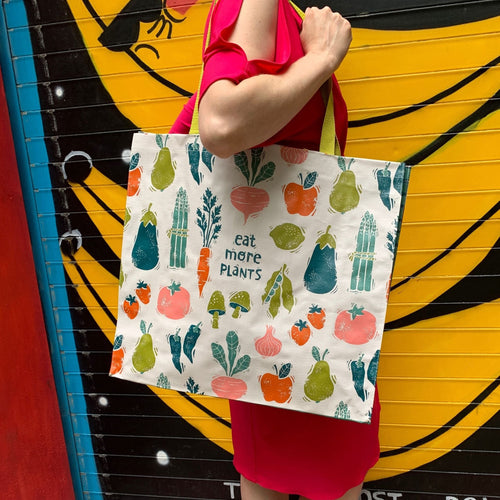 Eat More Plants Shopping Tote | Extra Large Market Eco Bag | 19.50" x 17.50" x 7"