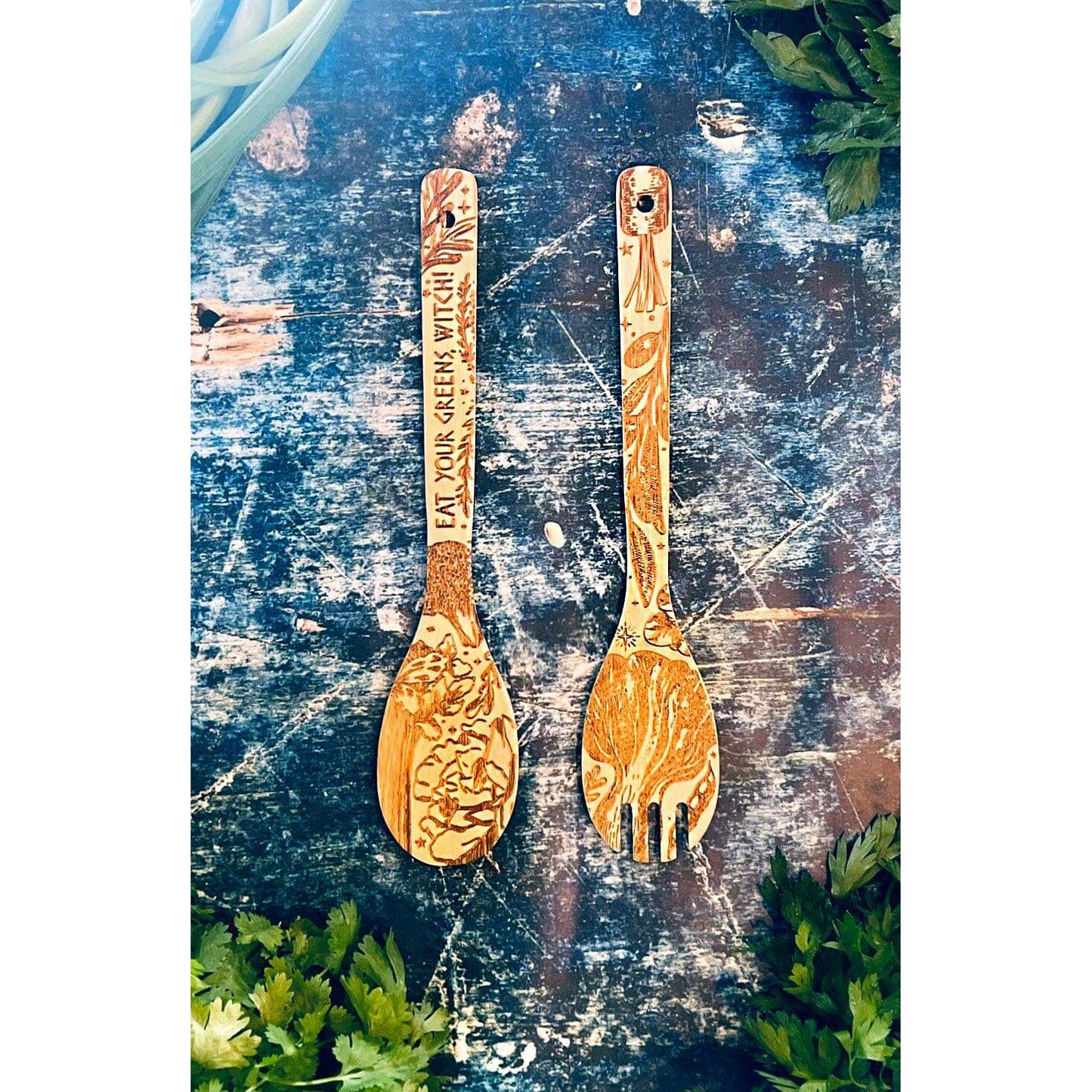 Eat Your Greens Witch Witchy Bamboo Salad Server Set | Engraved Eco-Friendly Utensils | Serving Spoon and Fork