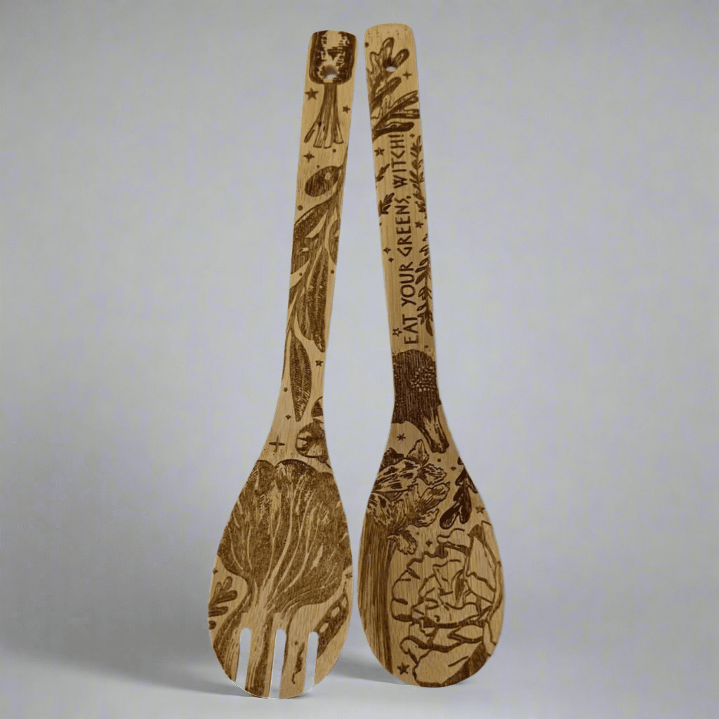 Eat Your Greens Witch Witchy Bamboo Salad Server Set | Engraved Eco-Friendly Utensils | Serving Spoon and Fork