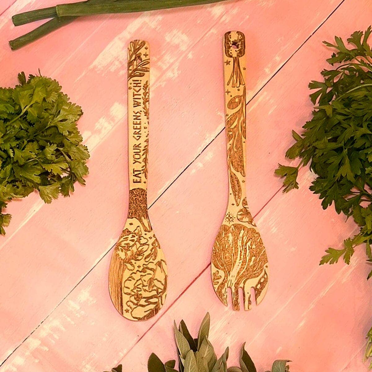 Eat Your Greens Witch Witchy Bamboo Salad Server Set | Engraved Eco-Friendly Utensils | Serving Spoon and Fork