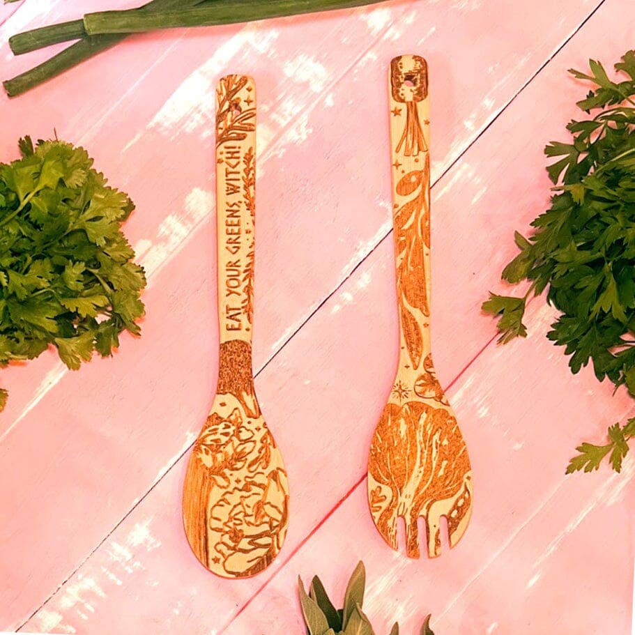 Eat Your Greens Witch Witchy Bamboo Salad Server Set | Engraved Eco-Friendly Utensils | Serving Spoon and Fork