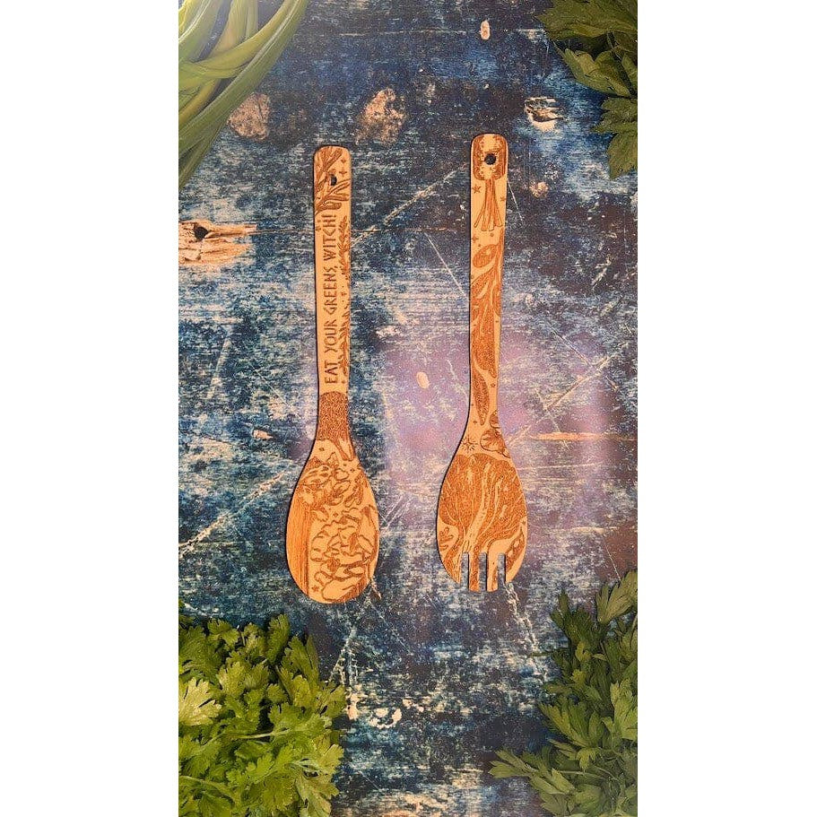 Eat Your Greens Witch Witchy Bamboo Salad Server Set | Engraved Eco-Friendly Utensils | Serving Spoon and Fork