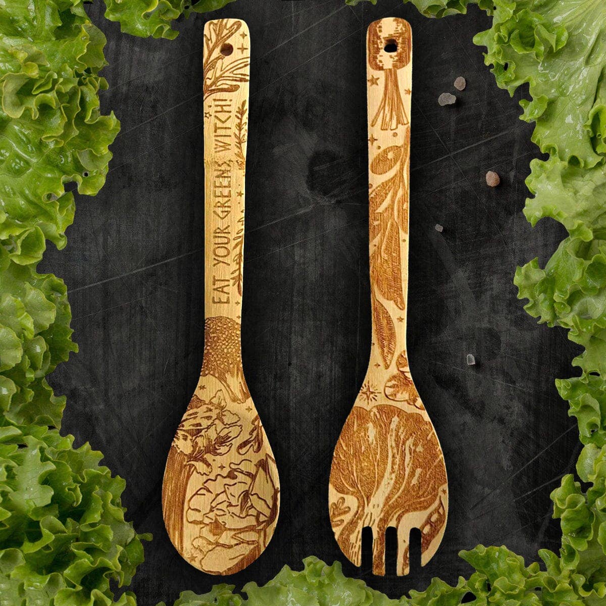 Eat Your Greens Witch Witchy Bamboo Salad Server Set | Engraved Eco-Friendly Utensils | Serving Spoon and Fork