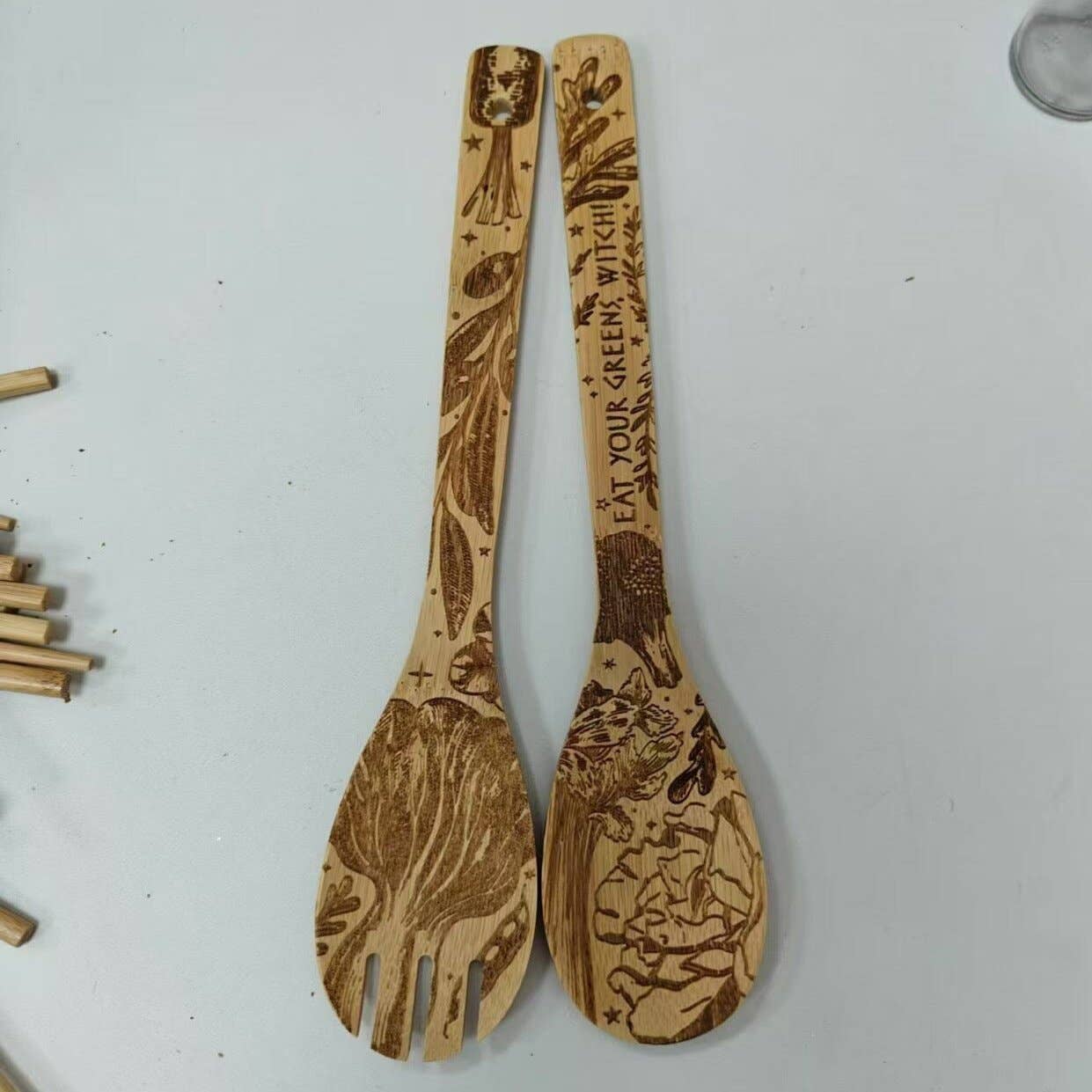 Eat Your Greens Witch Witchy Bamboo Salad Server Set | Engraved Eco-Friendly Utensils | Serving Spoon and Fork