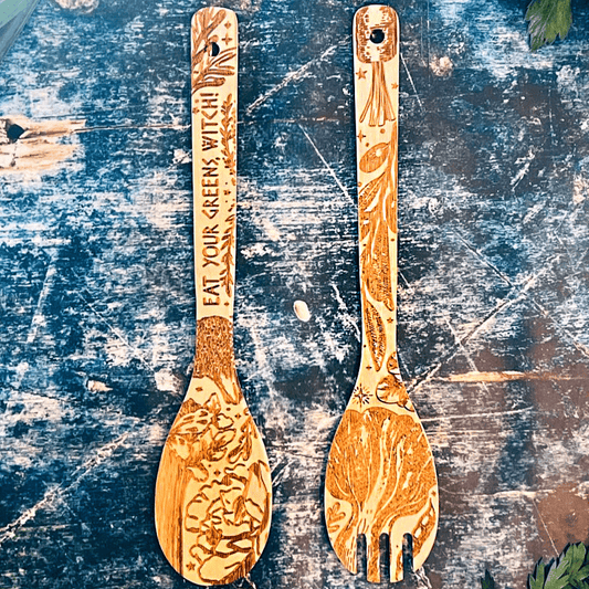 Eat Your Greens Witch Witchy Bamboo Salad Server Set | Engraved Eco-Friendly Utensils | Serving Spoon and Fork