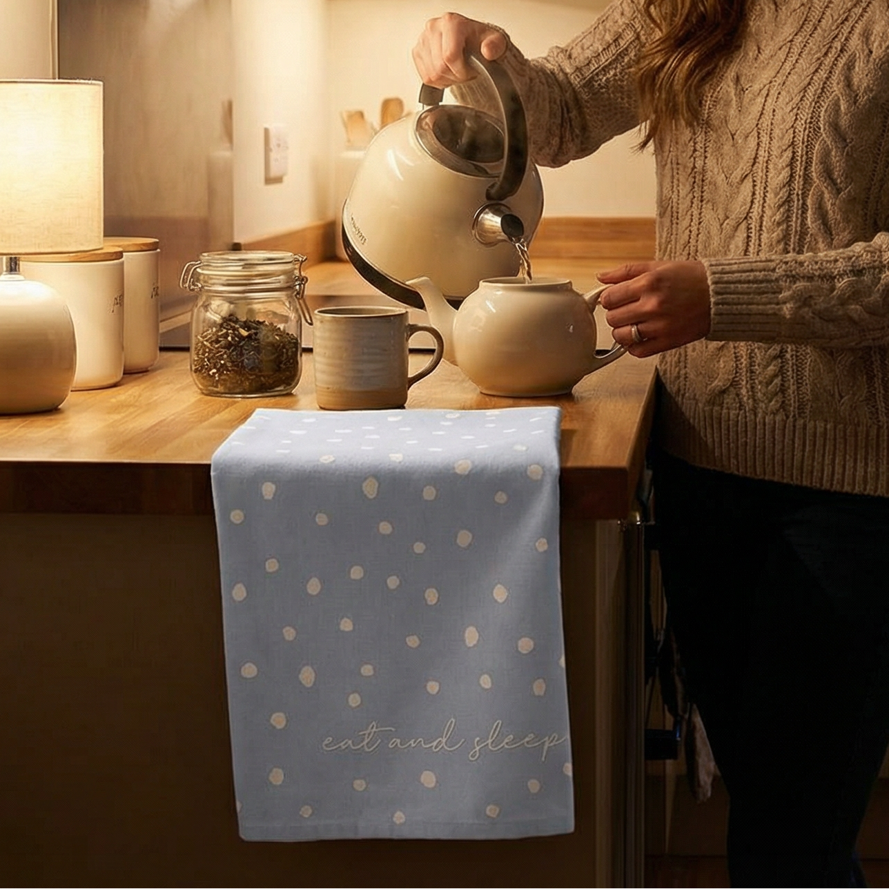 Eat and Sleep Dotted Blue Tea Towel | Extra Large 20" W x 27.5" L | In a Gift Box! | Gift for Her