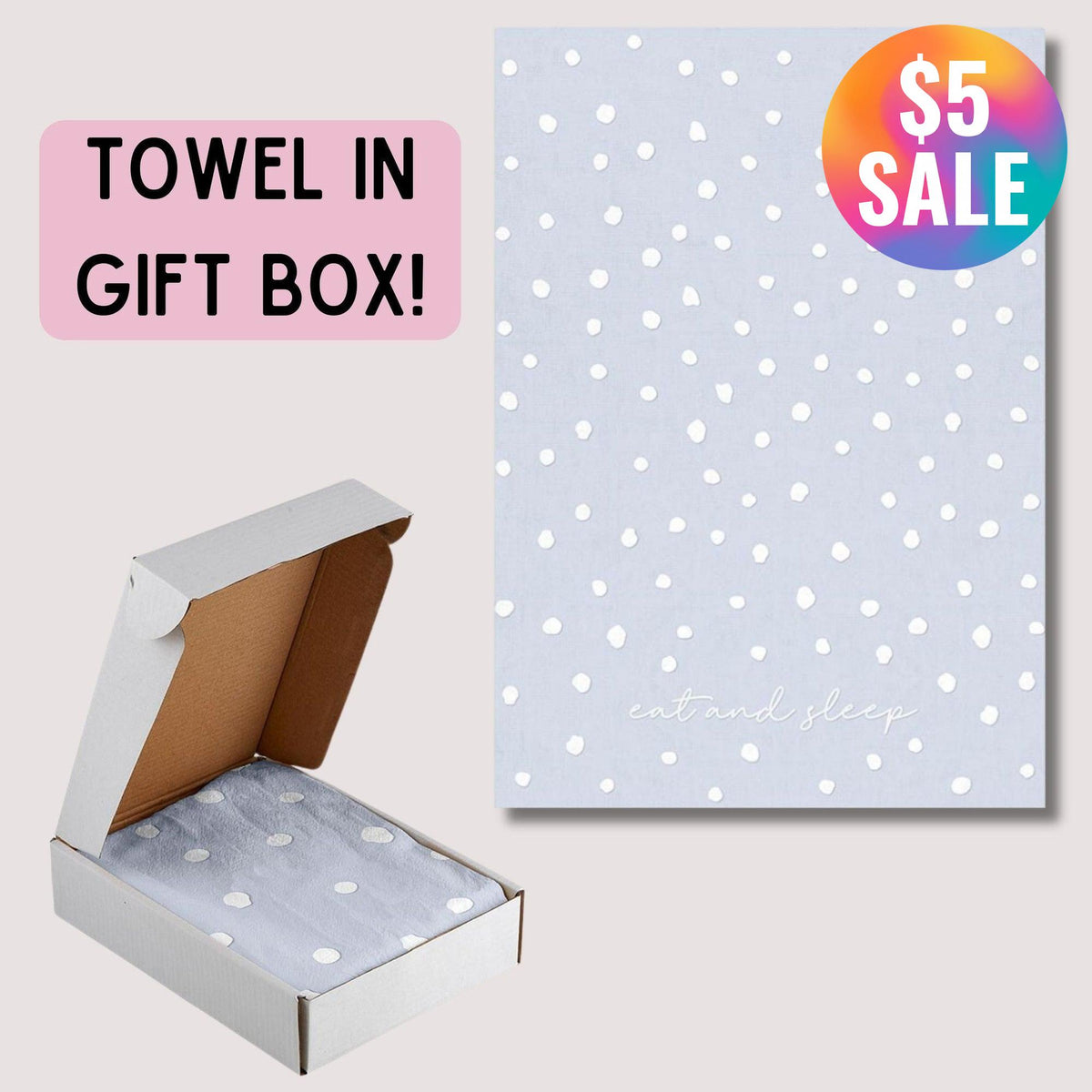 Eat and Sleep Dotted Blue Tea Towel | Extra Large 20" W x 27.5" L | In a Gift Box! | Gift for Her