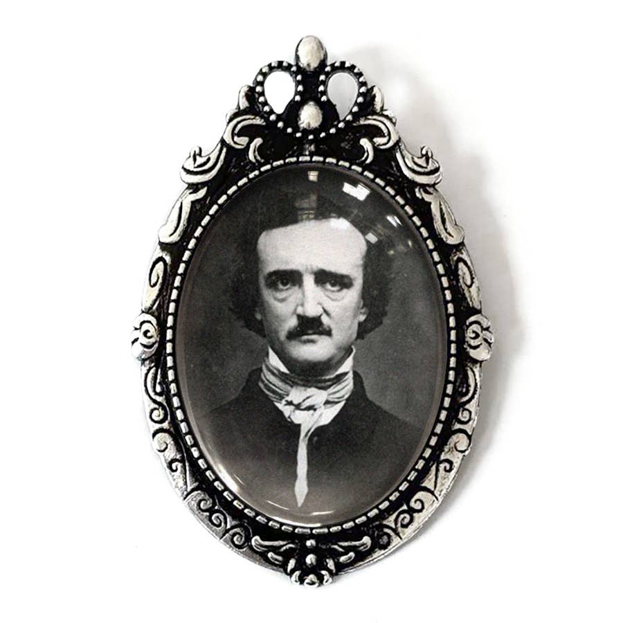 Edgar Allan Poe Portrait Brooch | Vintage Photograph Glass Cabochon in Antiqued Silver Tone