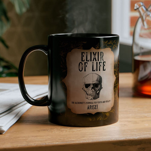 Elixir of Life The Alchemist's Formula for Youth and Vitality 11oz Black Coffee Mug with Vintage Skull Motif