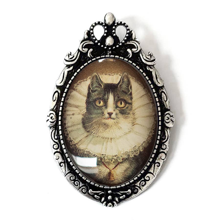 Elizabethan Cat Brooch | Vintage Victorian Cat Portrait Glass Cabochon Pin