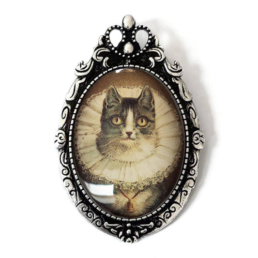 Elizabethan Cat Brooch | Vintage Victorian Cat Portrait Glass Cabochon Pin