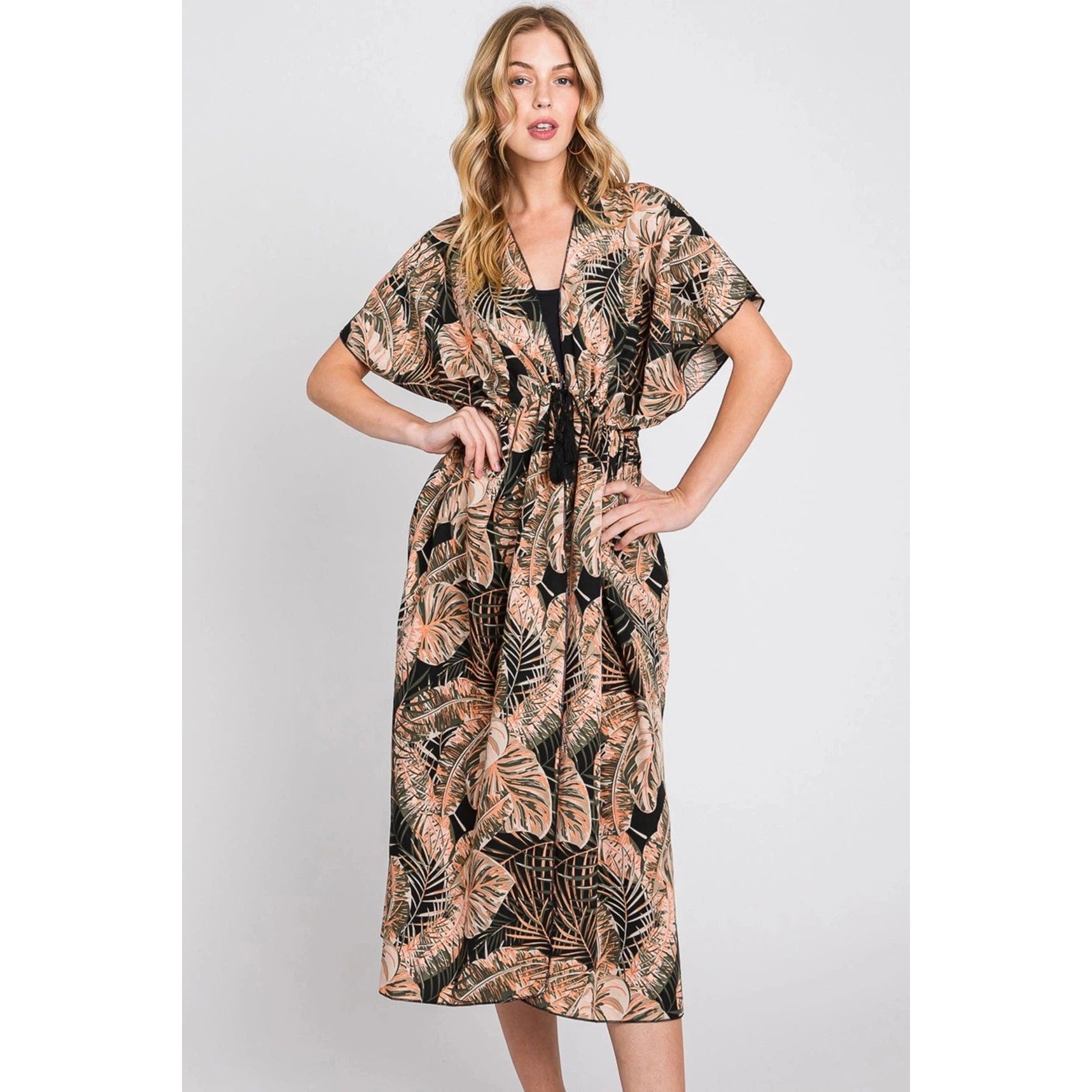 Eloise Tropical Leaves Drawstring Long Kimono