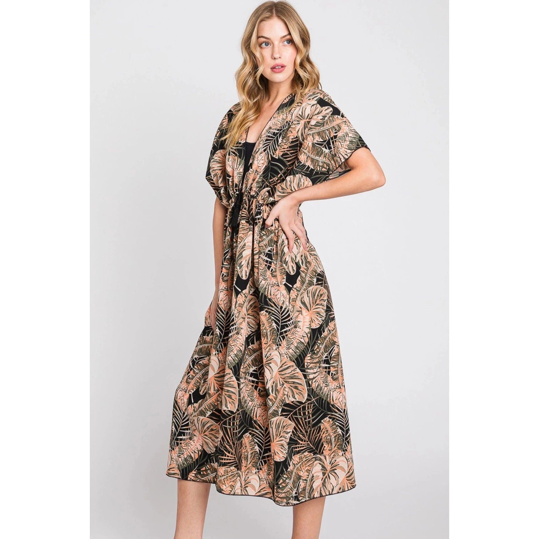 Eloise Tropical Leaves Drawstring Long Kimono