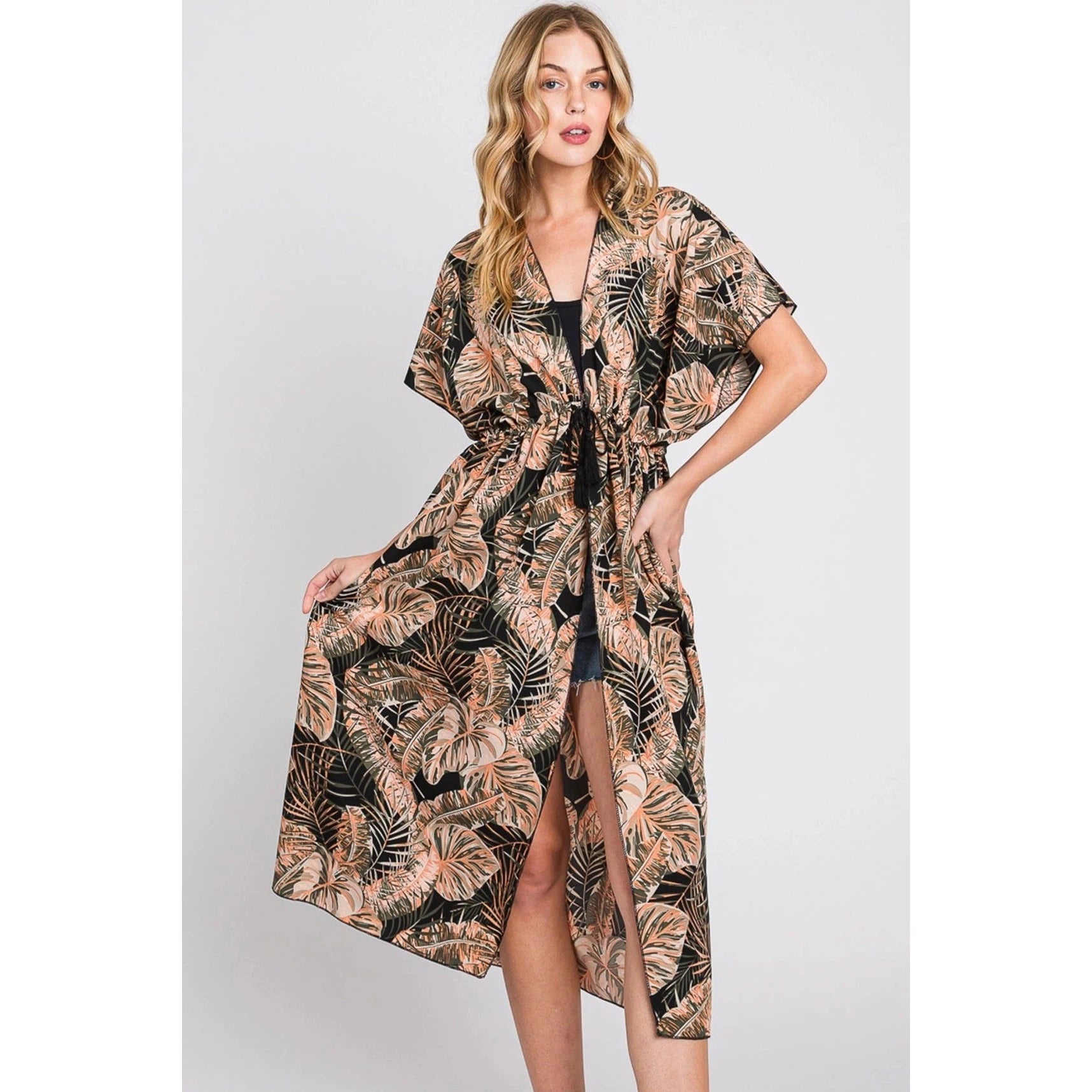 Eloise Tropical Leaves Drawstring Long Kimono