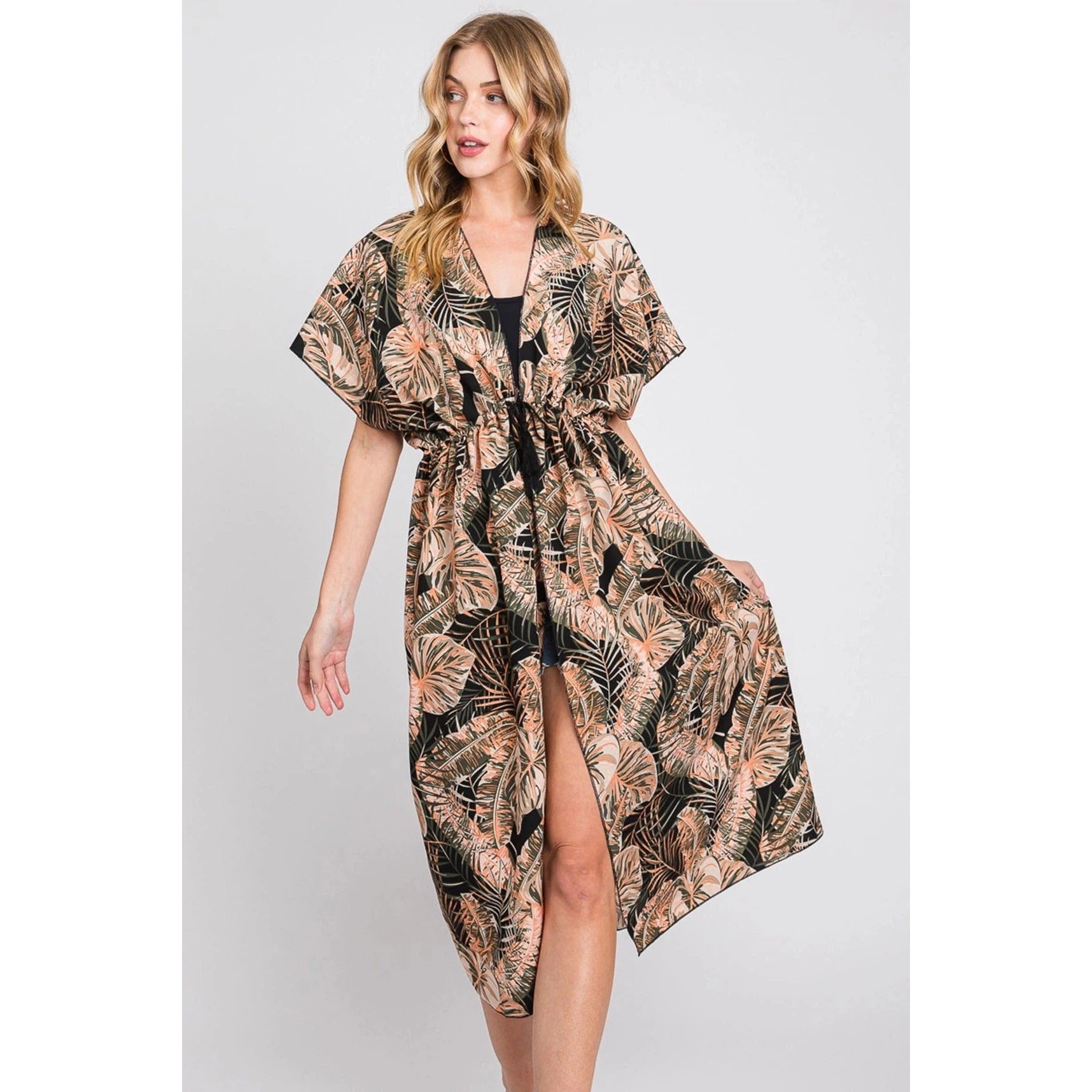 Eloise Tropical Leaves Drawstring Long Kimono