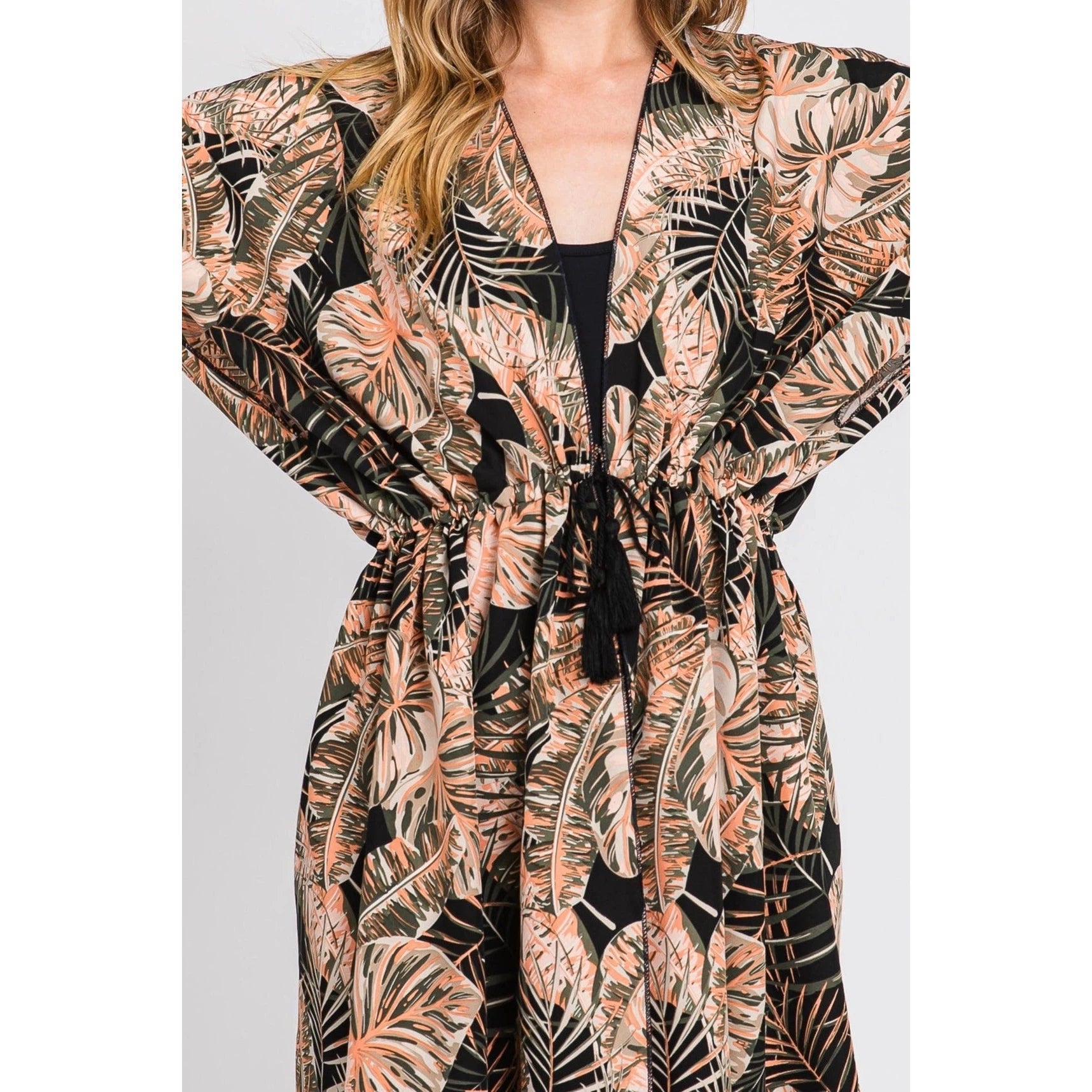 Eloise Tropical Leaves Drawstring Long Kimono