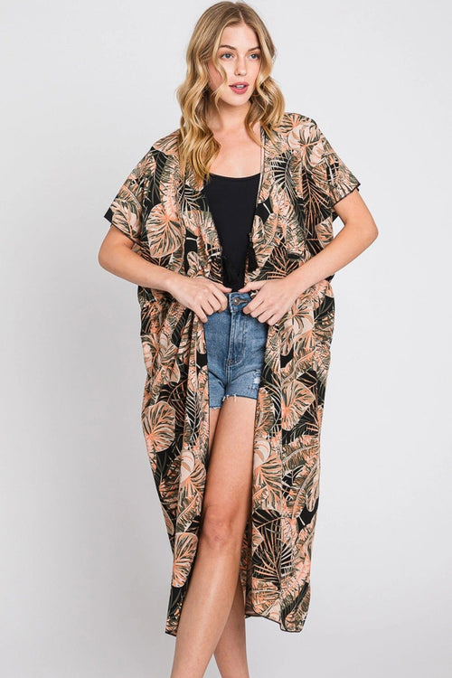 Eloise Tropical Leaves Drawstring Long Kimono